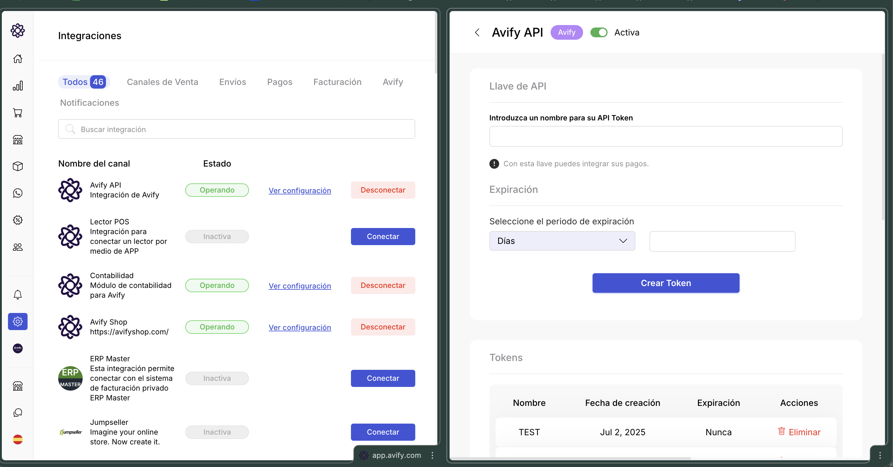 Página de integraciones API en el dashboard de Avify